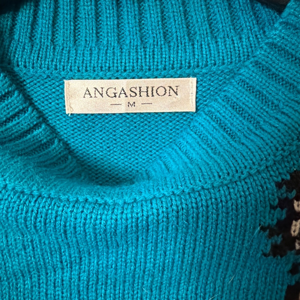 Knit Snow Leopard Sleeve Women’s Turquoise Crewneck Sweater Size M Retro Vibe - Picture 2 of 5